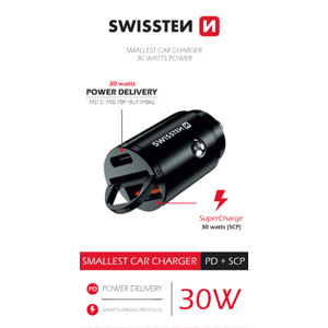 SWISSTEN CAR ADAPTER POWER DELIVERY USB-C + SUPER CHARGE 3.0 30W NANO BLACK 20111770